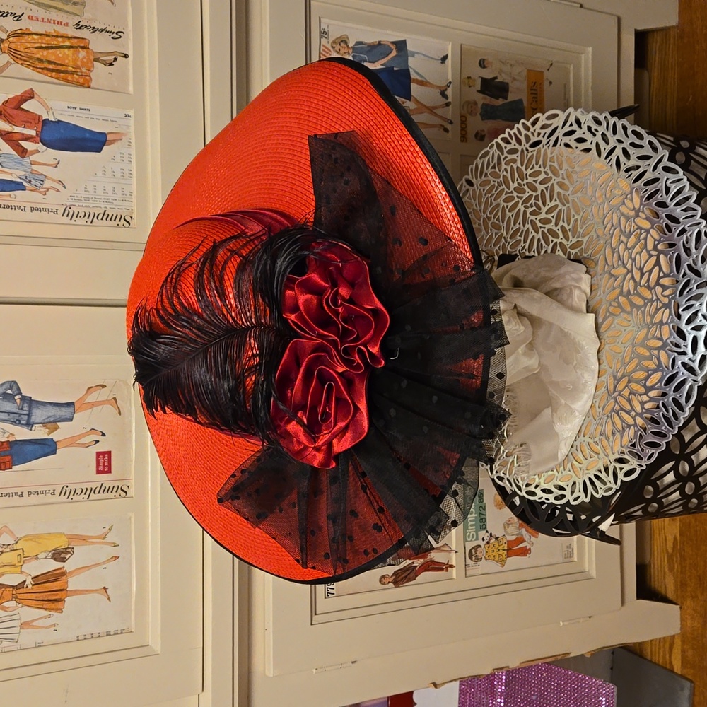 Fancy Decorated Red Straw Hat - image 2